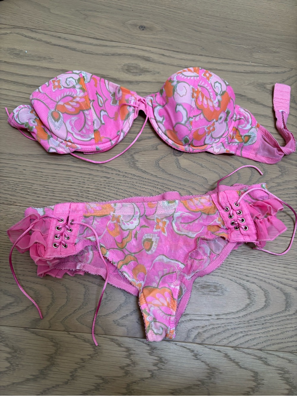 Pink Floral Lace-Up Panty Set